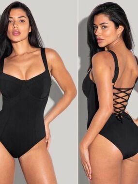 TA3 Black One Piece Swimsuit Corset Lace Up Back Slimming XL B/C RL